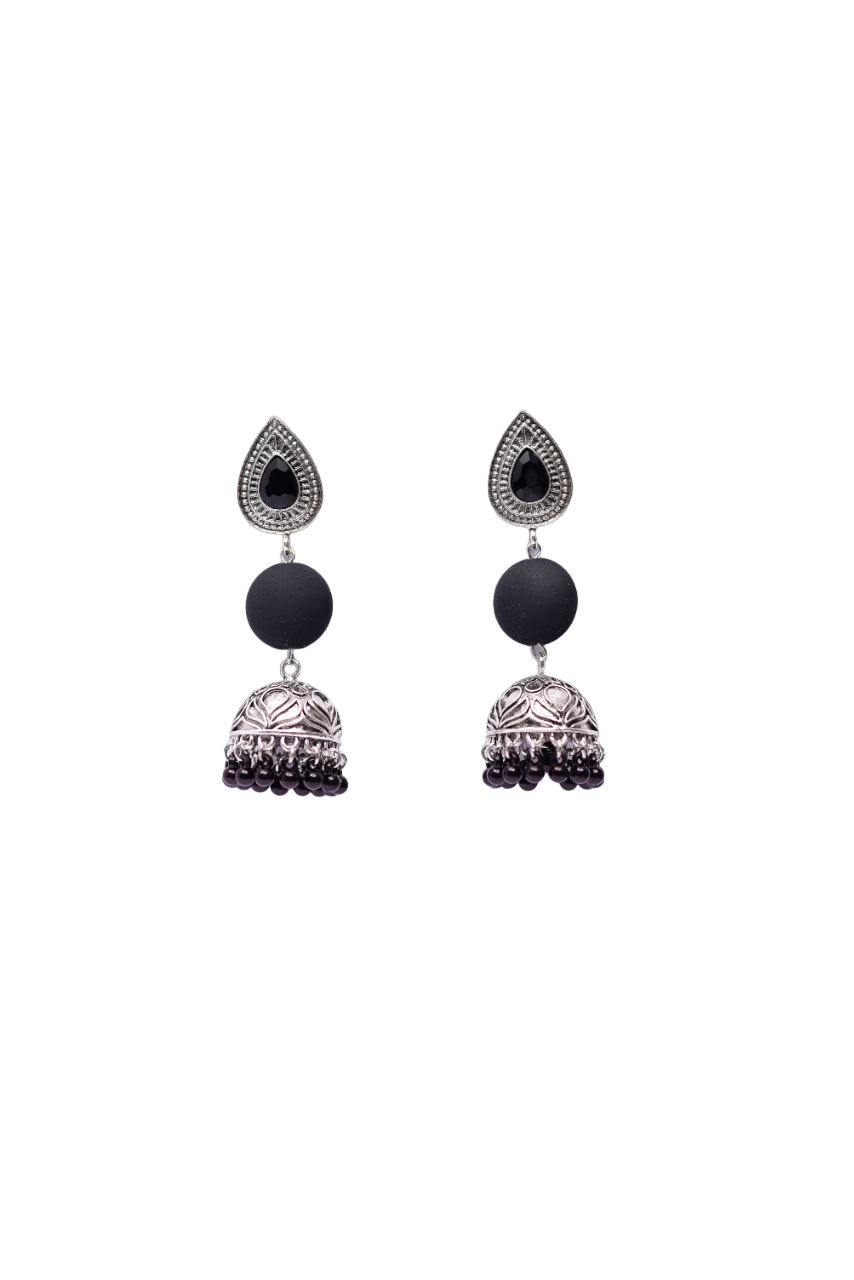 Namokriti Vintage Oxidized Silver Teardrop Bell-Shaped Jhumkas with Black Bead Accents